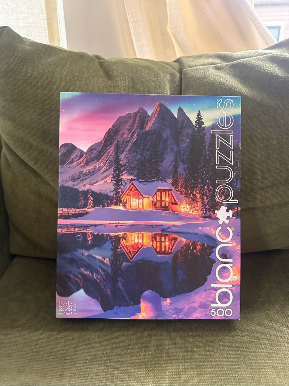 NWT Blanc Puzzles 500-Piece Winter Mountain Cabin Puzzle - Vibrant Sunset Colors